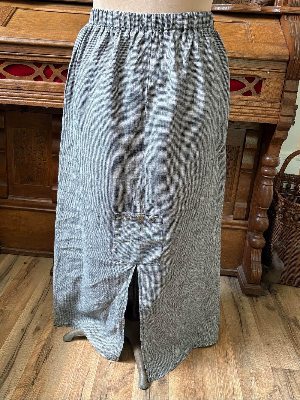 100% Linen Vintage Retro 80s Houndstooth Plaid Long Skirt